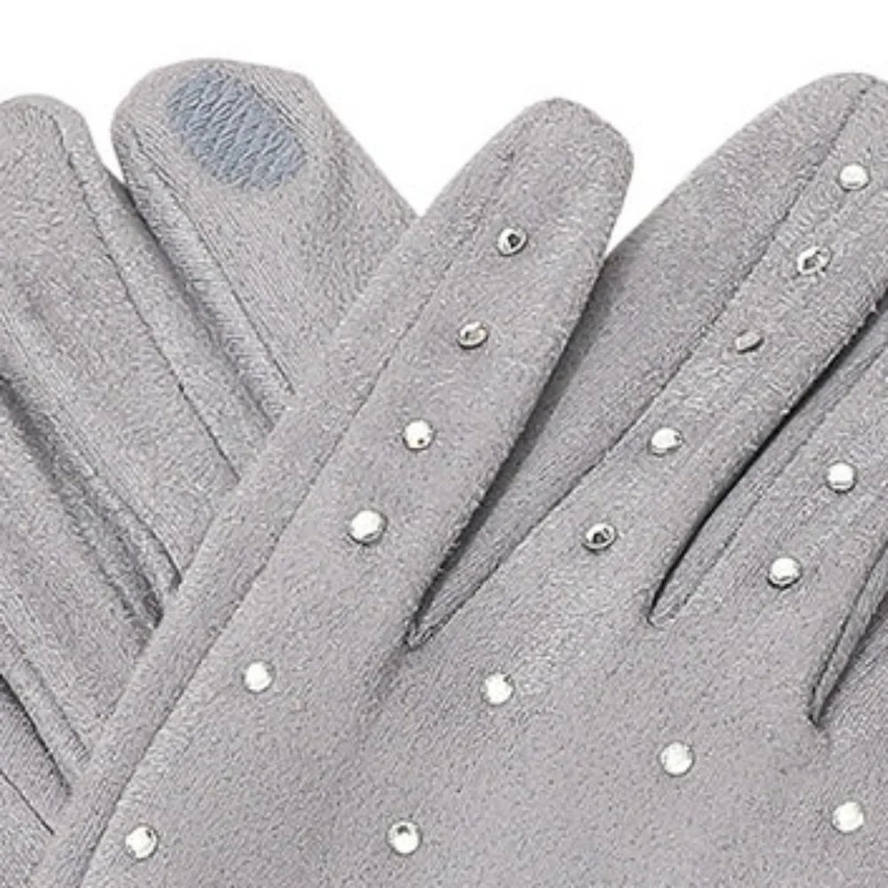 Gray Rhinestone Smart Touch Fur Gloves Cute Statement Accessories Trendy